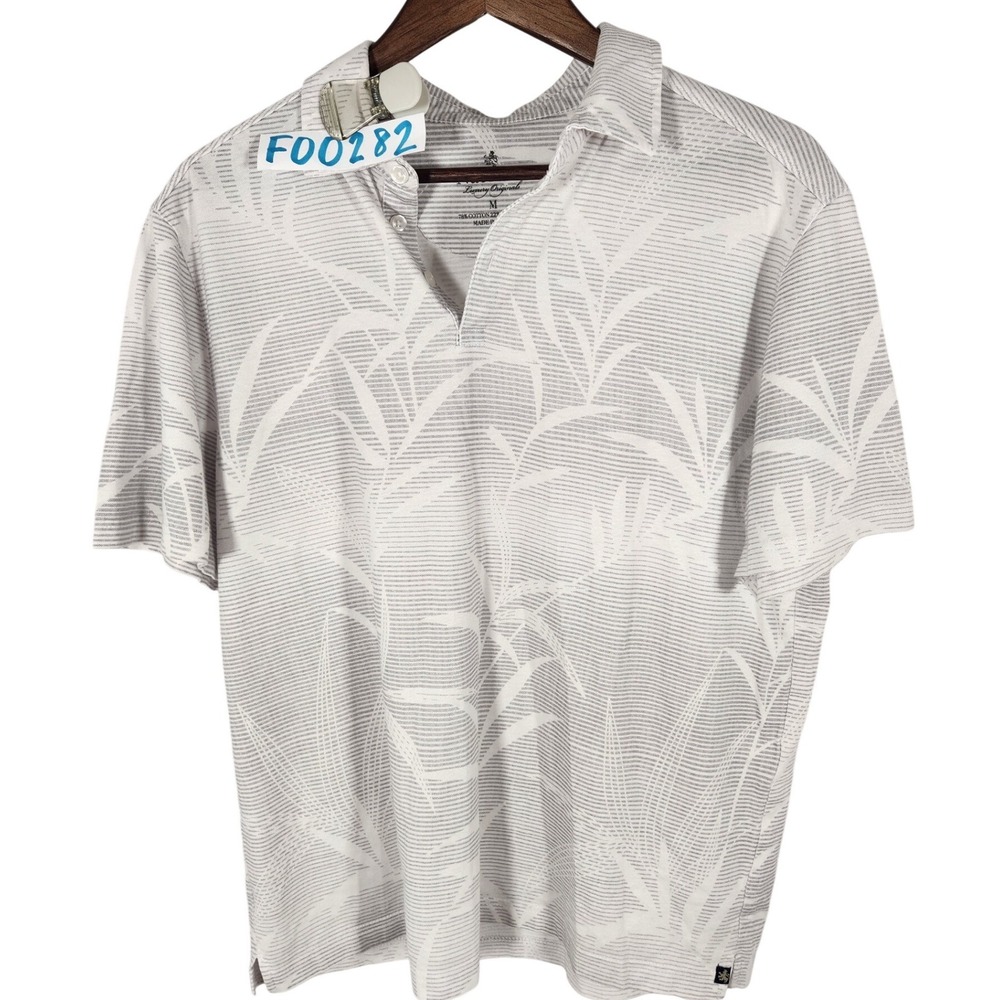Nat Nast Mens Gray Palm Tree Striped Print Polo Shirt Size Medium